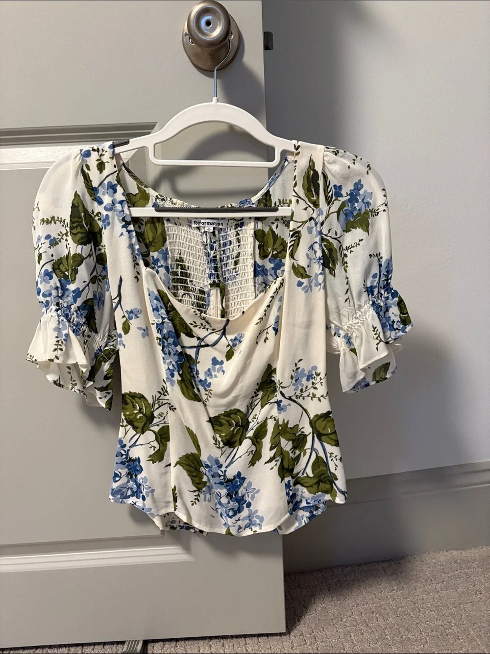 Reformation White Floral Puff-Sleeve Blouse with Blue & Green Print